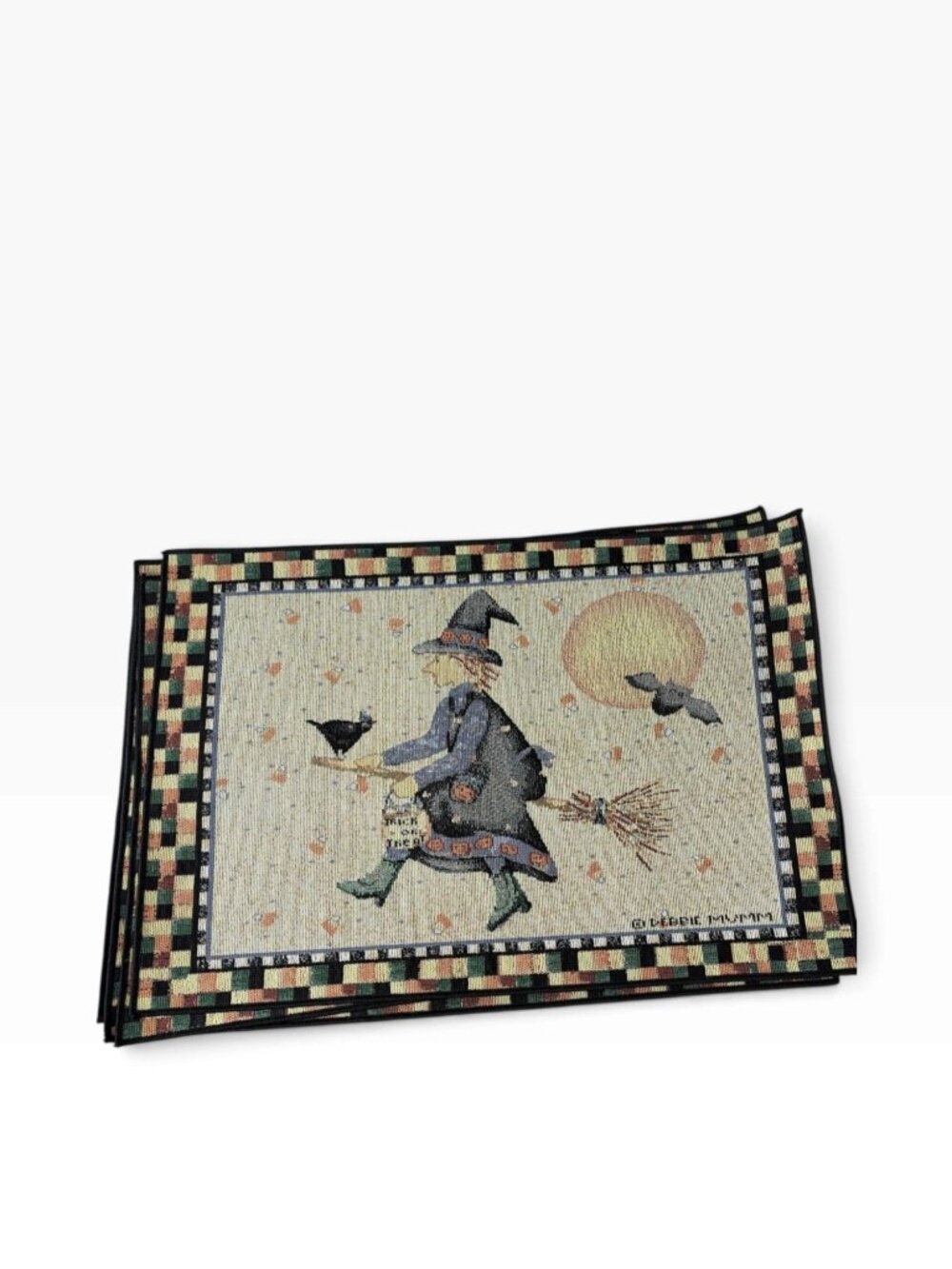 Vintage Halloween Placemats Debbie Mumm Set of 4 Flying Witch Folk Art Tapestry